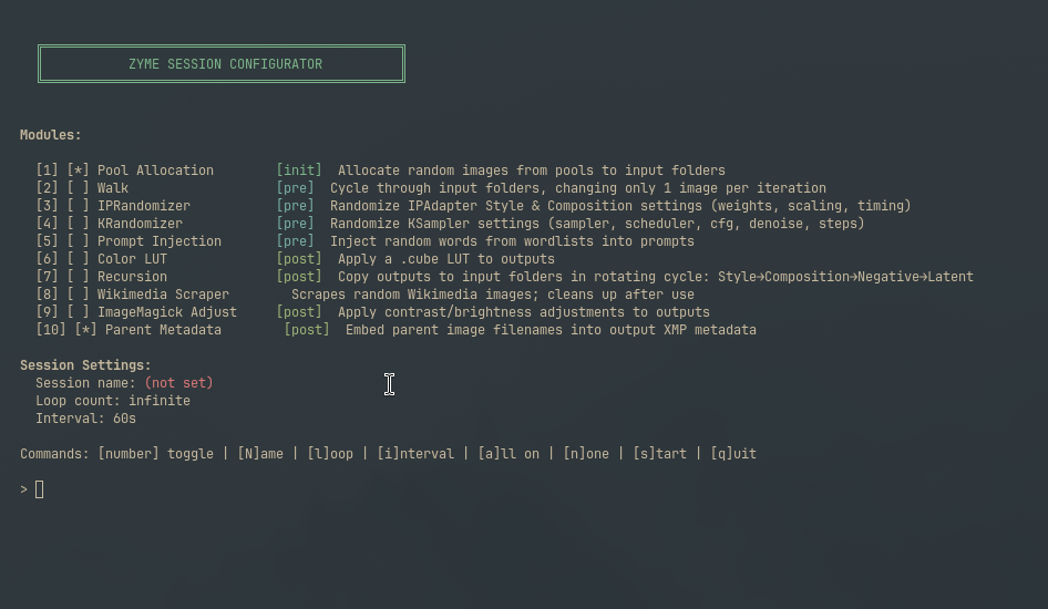Session configurator interface